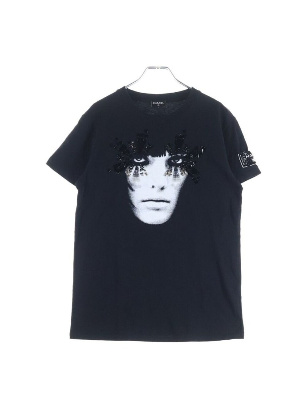 Chanel Face Print T-Shirt Sequins Bijou Decoration Short Sleeve Cotton Black